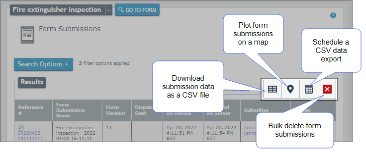Form Submissions page that shows the actions you can take: 1. Download submission data as a CSV file 2. Plot submissions on a map 3. Schedule a CSV data export 4. Bulk delete form submissions